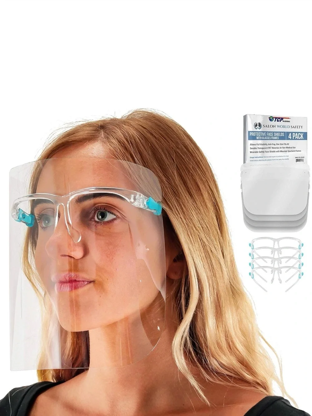 TCP Global Salon World Safety Face Shields with Glasses Frames (Pack of 4)